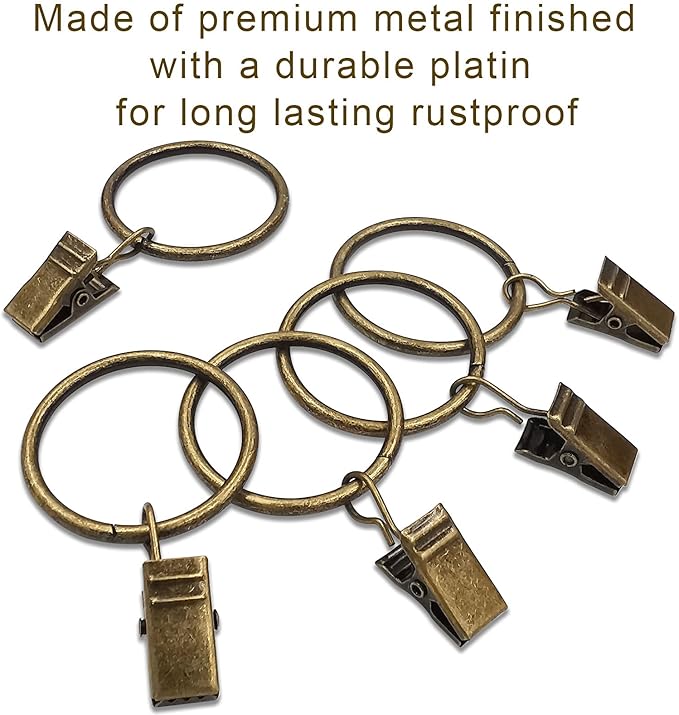 LLPJS 100 Pack Curtain Rings with Clips, Curtain Clip Rings Hooks, Bow Hanger Clips for Hanging Drapery Drapes Bows, Ring 1.26 inch Interior Diameter, Fits up to 1" Rod, Bronze