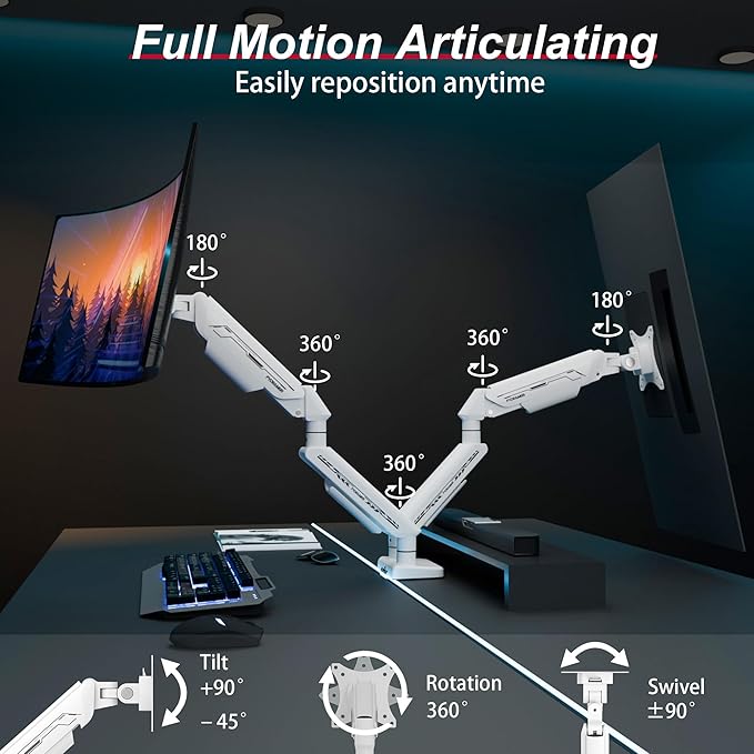 Dual Monitor Arm for 17-35" Screens up to 24.2 lbs, Ergonomic Gas Spring Monitor Stand with Height Adjust, Tilt, Swivel & Cable Management, VESA Desk Mount with 2 Types of Installation, White