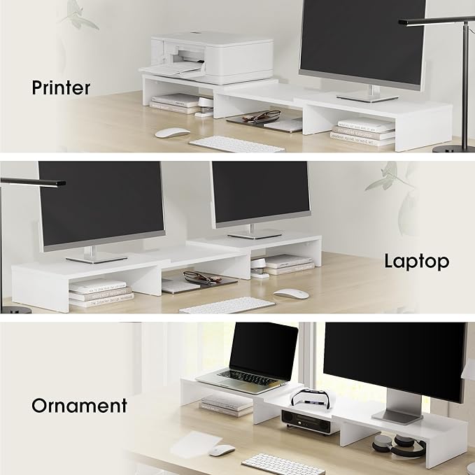 FITUEYES Dual Monitor Stand – 3 Shelf Computer Monitor Riser, Wood Desktop Stand with Adjustable Length and Angle, Desk Accessories, Office Supplies Medium White, DT108008WW