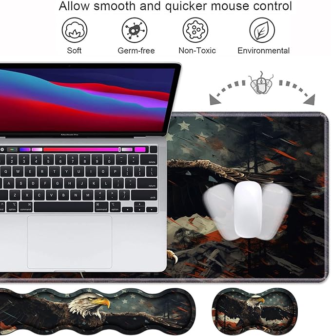 Ergonomic Keyboard Wrist Rest & Mouse Pad Wrist Rest Set,Large XXL Gaming Desk Mat 31.5"x 11.8",Non-Slip Base, Memory Foam,Easy Typing Pain Relief for Office & Home,Patriotic American Flag Bald Eagle