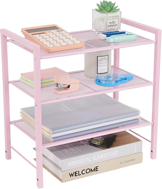 Desktop Shelf Organizer, 3-Tier Office Storage Rack, Adjustable Metal Bookshelf for Top of Desk, Pink Desk Organizer for Office, Home, Dorm and Small Spaces (Pink)