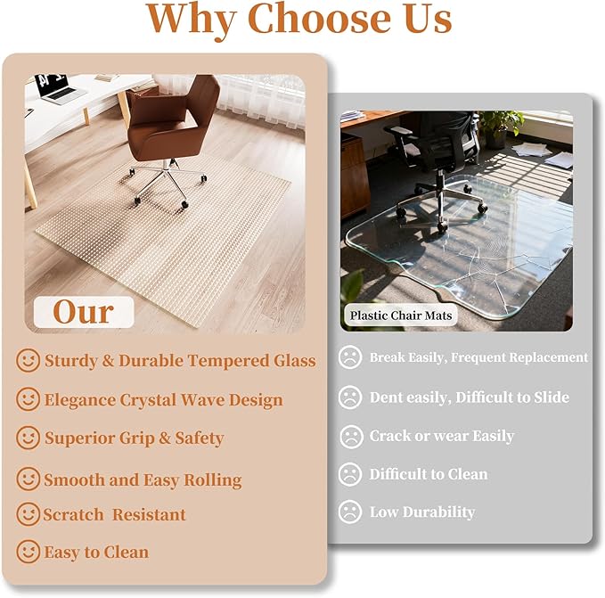 Koonmi Wave Glass Chair Mat 46"x55", Tempered Glass Office Chair Mat, Embossed Wave Texture Chair Mats with Rounded and Polished Edges for Hardwood Floor, Carpet, Support 1200LBS