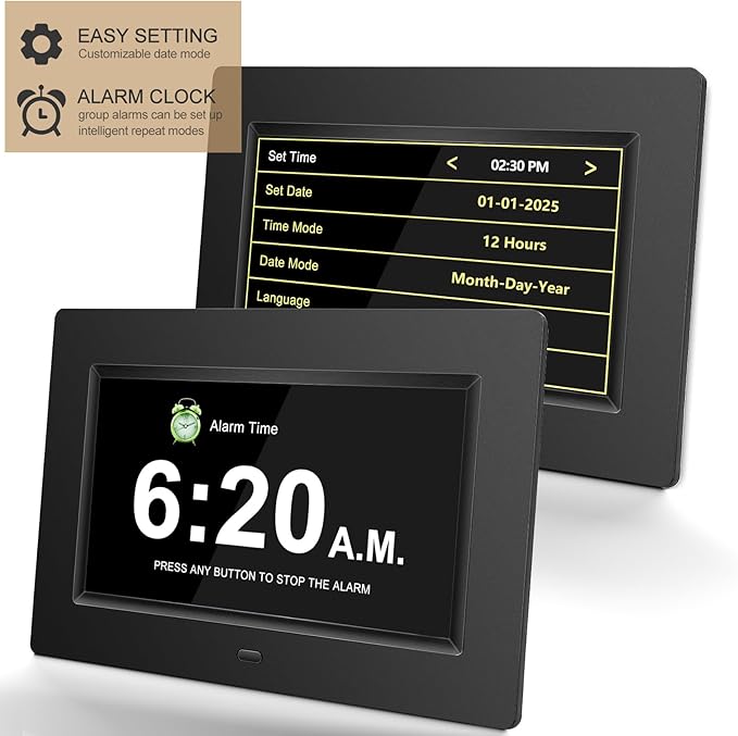 Digtal Clocks with Day and Date of Week for Seniors,12 Alarm Settings, Large Time Display, Auto Dimmable - Perfect for The Elderly