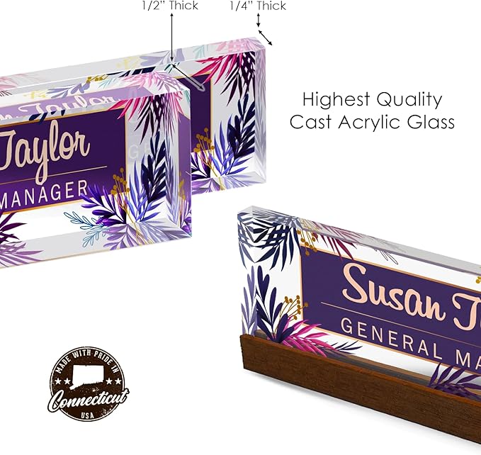 Artblox Personalized Office Desk Name Plate and Business Card Holder | Clear Acrylic Glass with Teak Wood Stand | Purple Leaf Design Customized with Your Name and Credentials Office Desk Decor