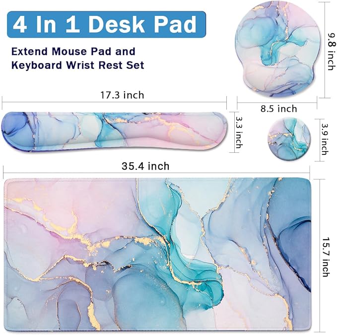 4-in-1 Gaming Mouse Pad Wrist Support Set，Desk Pad + Mouse Pad with Wrist Rest + Keyboard Wrist Rest + Coaster, Ergonomic Design for Home Office Study Game - Blue Marble