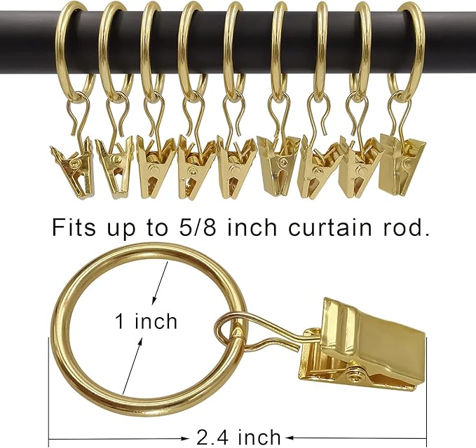 AMZSEVEN 100 Pack Metal Curtain Rings with Clips, Drapery Clips with Rings, Drapes Rings 1 inch Inner Diameter, Fits Diameter 5/8 inch Curtain Rods, Gold Color