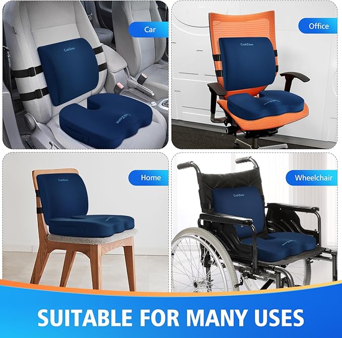Seat Cushion, Lumbar Support Pillow with Adjustable Strap-Chair Cushions for Sciatica Pain Relief-with Washable Cover Memory Foam for Car, Travel and Wheelchair-Blue X-Large