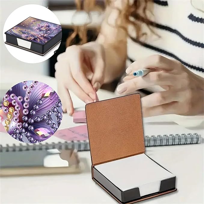 Flower Diamond Painting Note Box Memo Pad Holder, Diamond Art Sticky Notes Organizer for Desk, Aesthetic Stationery Storage Case for Office,School Supplies (Flower)