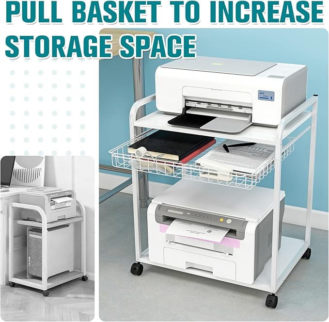 Large 2 Tier Storage Printer Stand with Basket,23.6"x21.6"x15.7" Rolling Printer Cart Under Desk,Printer Table with Wheels for Home Office,White