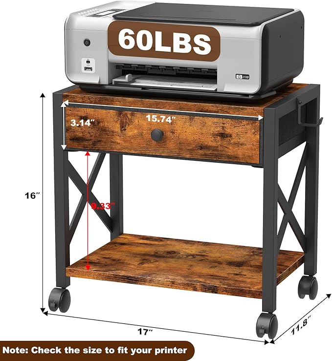 EasyCom 2-Tier Desktop Printer Stand with Large Drawer, Under Desk Storage with Wheels, Small Shelf with Storage for Paper Storage Printer Scanner Fax Home Office Use Rustic Brown