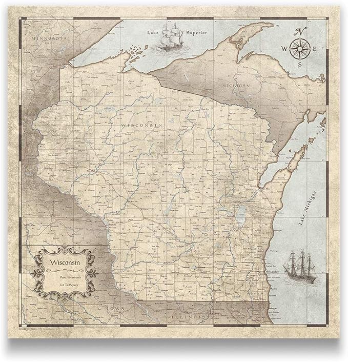 Push Pin Wisconsin Map Board - With Push Pins to Mark Wisconsin Travel - Handmade in Ohio, USA - Design: Rustic Vintage