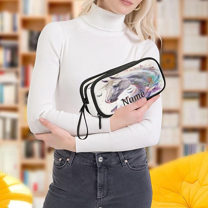 Custom White Horse Butterflies Pencil Case Box Boys Girls Personalized Name Large Pencil Pouch Stationery Pen Bag Organizer for Kids Adults School Office
