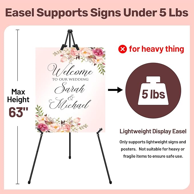 2Pack Black Easel Stand for Sign & Poster - 63" Adjustable Metal Display Easels for Wedding Welcome Signs, Painting, Canvas, Art & Picture - Portable Folding Tripod with Carry Bag, Holds 5 Lbs