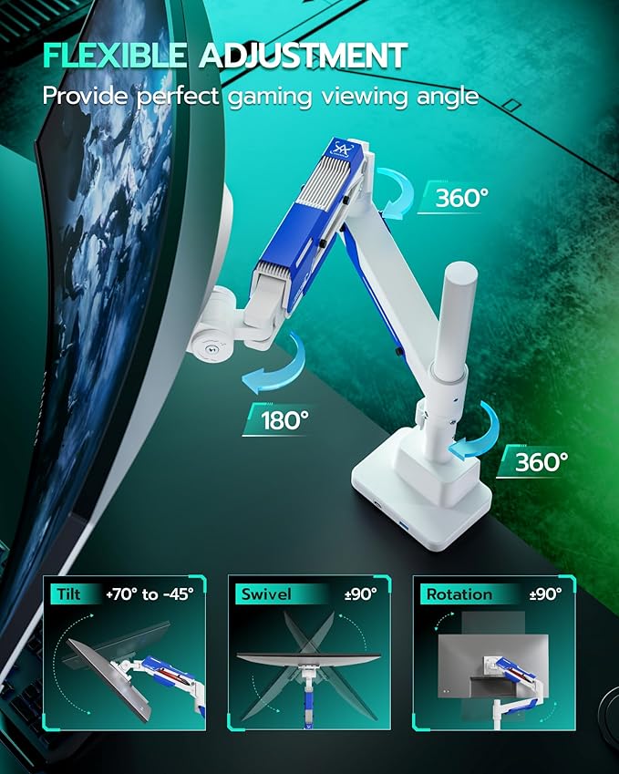 ARES WING CoreArm Single Monitor Mount with USB, Ultrawide Monitor Arm for 24 to 57'' Heavy Duty Curved Screen, Adjustable Gas Spring Monitors Arm Stand up to 66LBS with 75/100/200 Vesa Mount, White