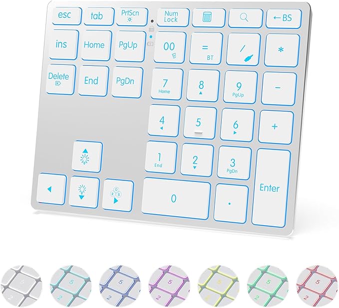 Tri-Mode Aluminum Numpad 7-Color Backlit Bluetooth 5.0/Wired USB-C/2.4G Wireless Number Pad Slim 35-Key Rechargeable Numeric Keypad External Keyboard Num Pad for Laptop, Mac - Silver White