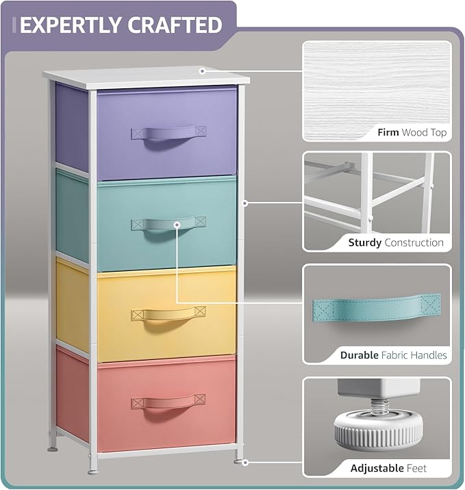 Sorbus Nightstand with 4 Drawers - Bedside Furniture & Accent End Table Chest for Home, Bedroom, Office, College Dorm, Steel Frame, Wood Top, Easy Pull Fabric Bins (4-Drawer, Pastel/White)