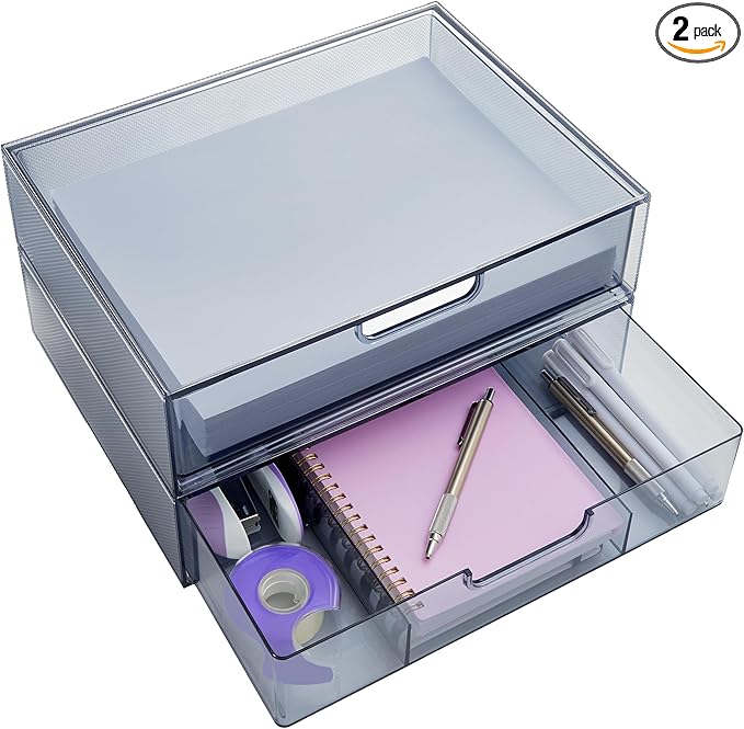 STORi STAX Plastic Stackable Organizer Drawers (Set of 2) Classic Grey | 12.5" Wide | Set Includes One Open Drawer & One Divided Drawer | Organize Office Desk Accessories & Sort Paper | Made in USA