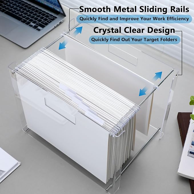 24 Hanging File Folder with Acrylic Organizer for Letter/a4 Size Desktop Clear File Storage Box with Handles for Home Work Office Use(White,Classic)