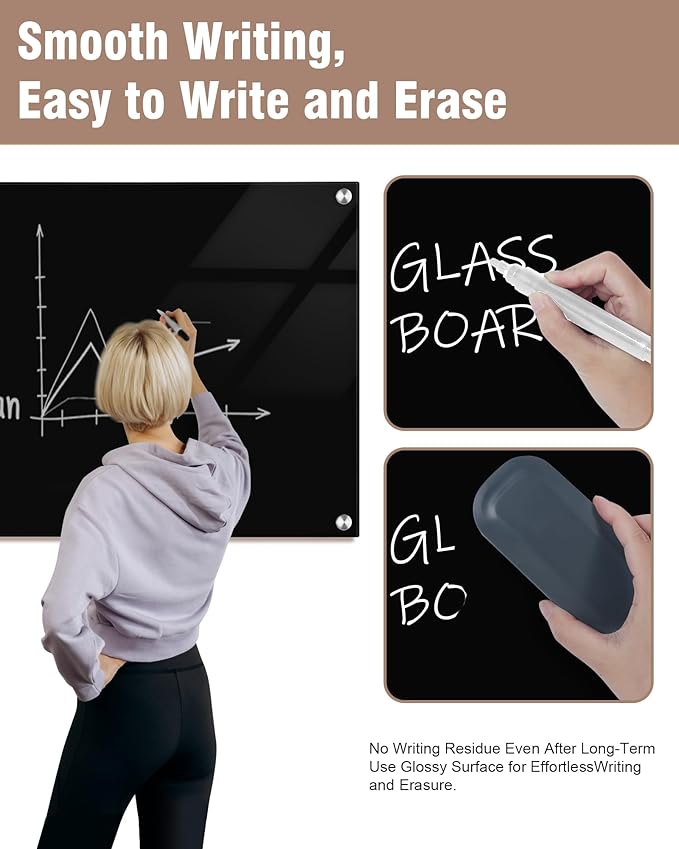 Mifuro Magnetic Glass Whiteboard，48"x36" Wall Mounted Frameless Dry Erase Board for Office, Home & School Black