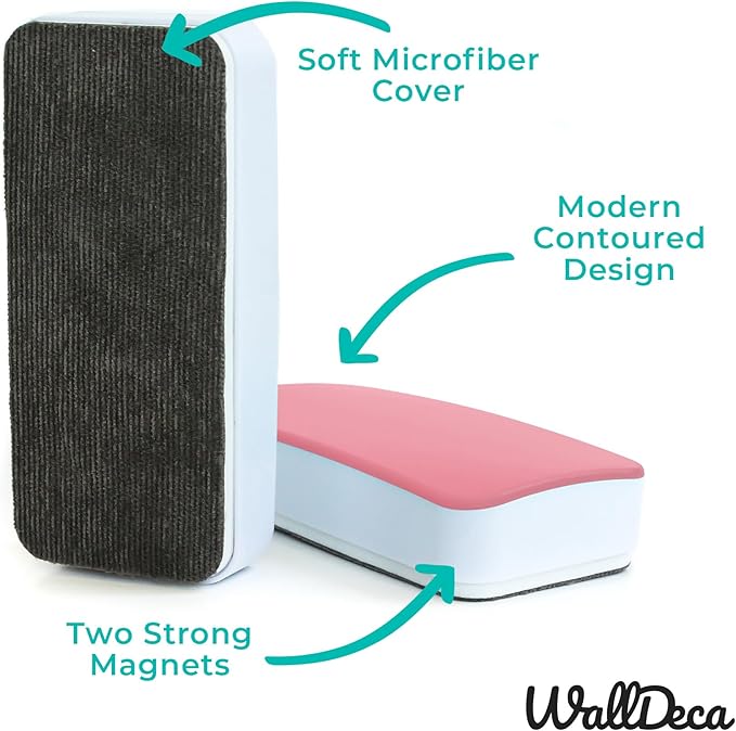 WallDeca Dry Eraser, Felt Bottom Surface Whiteboard Cleaner, Dry Wipe Board Eraser, Magnetic Tool for Dry Erase Board, Works on All Whiteboard Surfaces, Glass Board and Presentation Surfaces (Pink)
