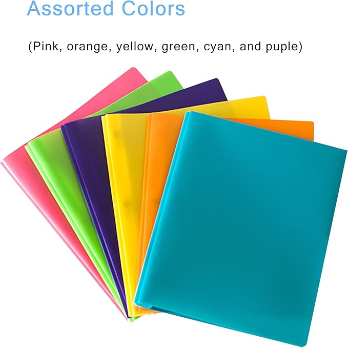 Seashell 12 Pack 2 Pocket Folders with Prongs, Plastic 3 Hole Punched Folder with Two Pockets, Letter Size, Heavy Duty, Assorted Colors, for Office and Classroom Use
