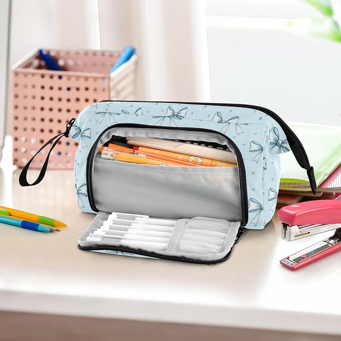 Blue Ribbon Bow Pencil Case Pouch Big Capacity Pencil Bag Box Organizer Pen Case with Handle Stationery Organizer for Kids Boys Girls College