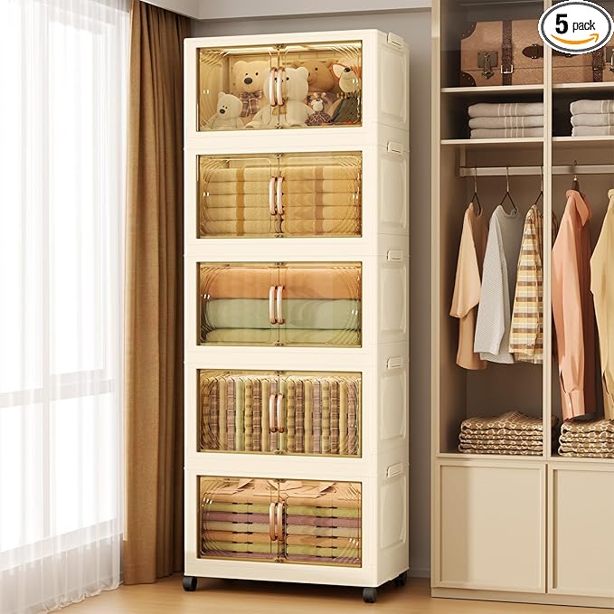 102QT Plastic 5 Tier Storage Bins with Lids,Folding Storage Box with Doors and Wheels Stackable Storage Bins,Closet Organizers and Storage for Living Room,Office,Dorm