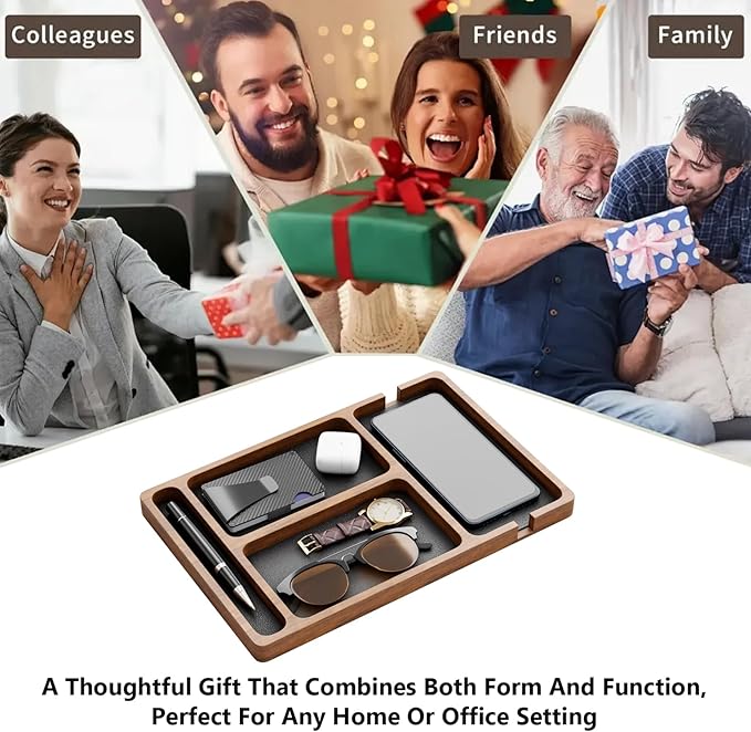 Wooden Valet Tray with Leather Inlay, Compartment Nightstand Catch All Organizer for Keys, Phone, Wallet, Watch, Earbuds, for Men Women, Catch All Tray