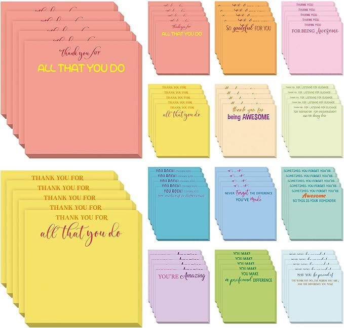 Yinder 48 Pcs Employee Appreciation Sticky Notes New Year Gift Bulk Motivation Sticky Note Pads Inspirational Gift for Teacher Nurse Staff Coworker Office Supply 3 x 3'' (Appreciation,Light)