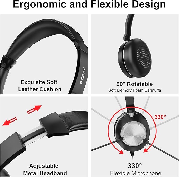 Voistek USB Headset with Microphone, Wired Computer Headset for Laptop/PC with Noise Cancelling Mic, Mono Headphones with in-Line Volume Control for Work