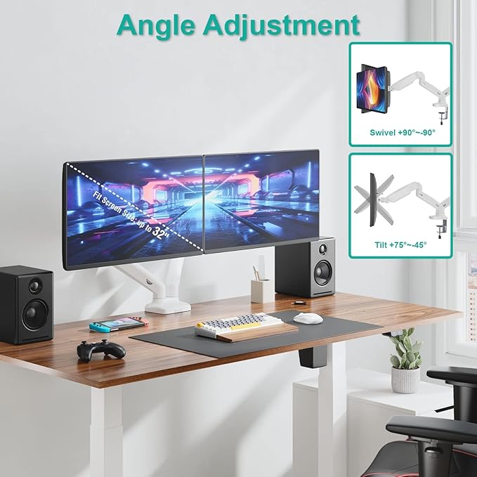 WALI Dual Monitor Stand, Adjustable Gas Spring Arm Monitor Mount for 2 Monitors up to 32 Inch,19.8lbs Capacity (GSMP002W), White by WALI