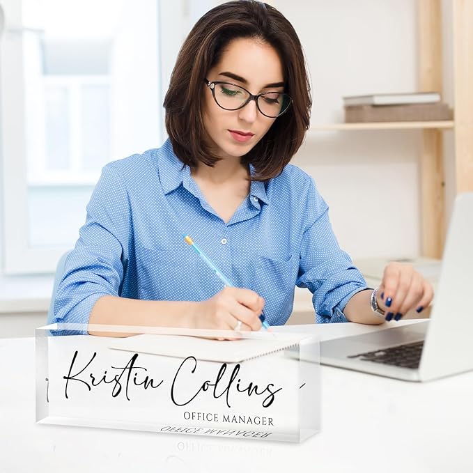 Custom Name Plate for Desk, Personalized Desk Name Plate on Clear Acrylic Glass, Appreciation Gifts for Teacher Employee Boss Coworkers Nurse, Office Desktop Accessories For Women Men (Ink)