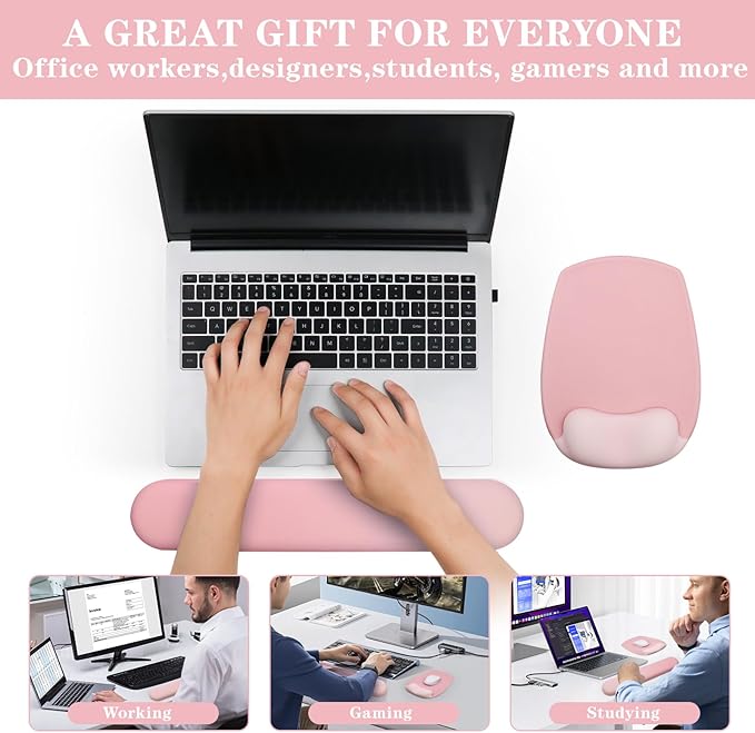 Wrist Rest Support for Mouse Pad and Keyboard Set, Ergonomic Gel Computer Keyboard Wrist Rest with Memory Foam for Long Hours of Work, Gaming, Studying-Relieve Wrist Pain (Pink)