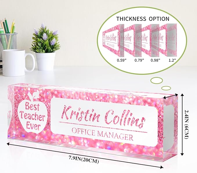 Custom Name Plate for Desk, Personalized Desk Name Plate on Clear Acrylic Glass, Appreciation Gifts for Teacher Employee Boss Coworkers Nurse, Office Desk Accessories for Women Men (Taffy)