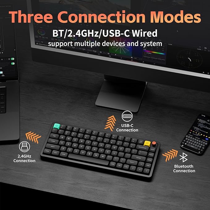 nuphy Air75 V3 Hot Swappable Wireless Mechanical Keyboard, 84 Keys 75% Custom Low Profile Keyboard with Knob, RGB Backlit, Gasket Mounted, Support Bluetooth/2.4GHz/USB-C,Black-Brown Nano