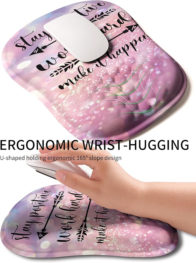 Hokafenle Ergonomic Wrist-hugging Mouse Pad Wrist Support, U-shaped Holding Wrist Rest Mousepad for Carpal Tunnel Pain Relief with Cushioned Memory Foam Slope Massage Bulge (10.2x8.3 in,Stay Positive)