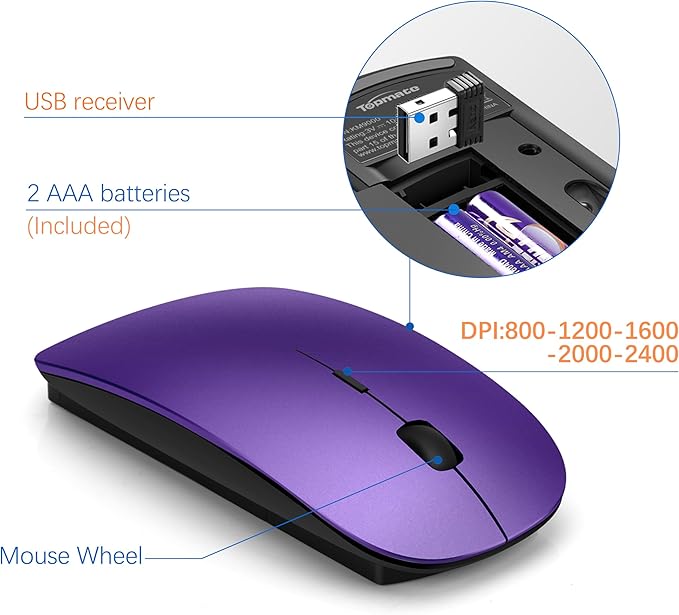 Wireless Keyboard and Mouse Ultra Slim Combo, TopMate 2.4G Silent Compact USB 2400DPI Mouse and Scissor Switch Keyboard Set with Cover, Batteries Included, for PC/Laptop/Windows/Mac - Purple Black
