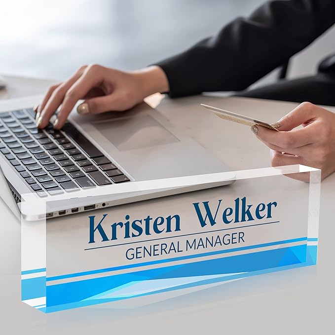 Personalized Desk Name Plate, Custom Acrylic Glass Name Plates for Desks, Office Desk Decor Nameplate, Desk Accessories, Teacher Boss Coworkers Employee Appreciation Gift (Business Blue)