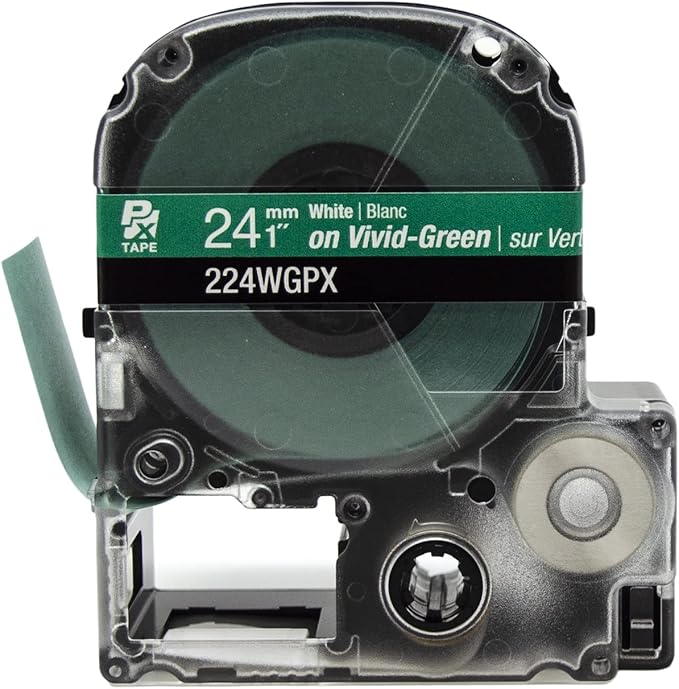 Epson LABELWORKS 224WGPX Genuine PET (Polyester) Tape Cartridge - White on Green Label Maker Tape - 1" (24MM) Wide, 30'