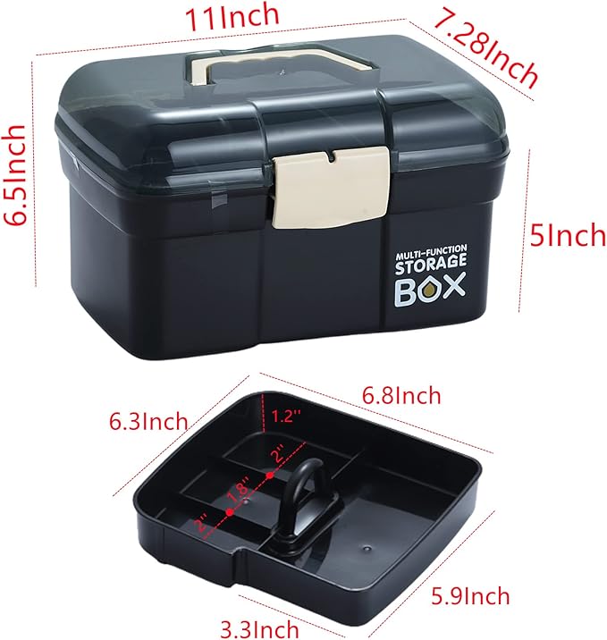 11'' Plastic Box Organizer with Removable Tray, Sewing Organizer, Craft & Art Supply Multipurpose Storage Box for Cosmetic (Black)