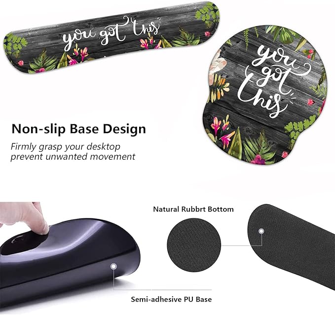 Keyboard Wrist Rest and Mouse Pad Wrist Support Set with Coasters, You Got This Inspirational Quote Wrist Support Mouse Pad with Non-Slip PU Base for Computer Laptop Home Office Working Studying