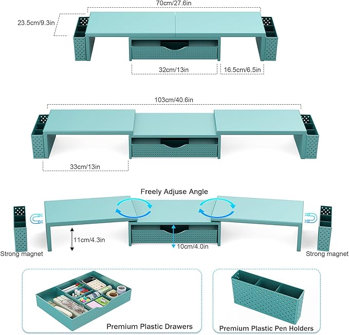 Spacrea Metal Desk Organizers and Accessories, Dual Monitor Stand Riser with Drawer and 2 Pen Holders, Desk Accessories & Workspace Desktop Organizers for Office Supplies (Blue)