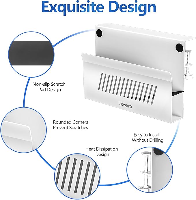 Litwaro Desk Side Storage Organizer, Under Desk Laptop Holder No Drill, Laptop Mount with Magnetic Pen Holder, Hanging Desk Organizer Fits Flat Edge Desks 0.4" to 2.1" (White)
