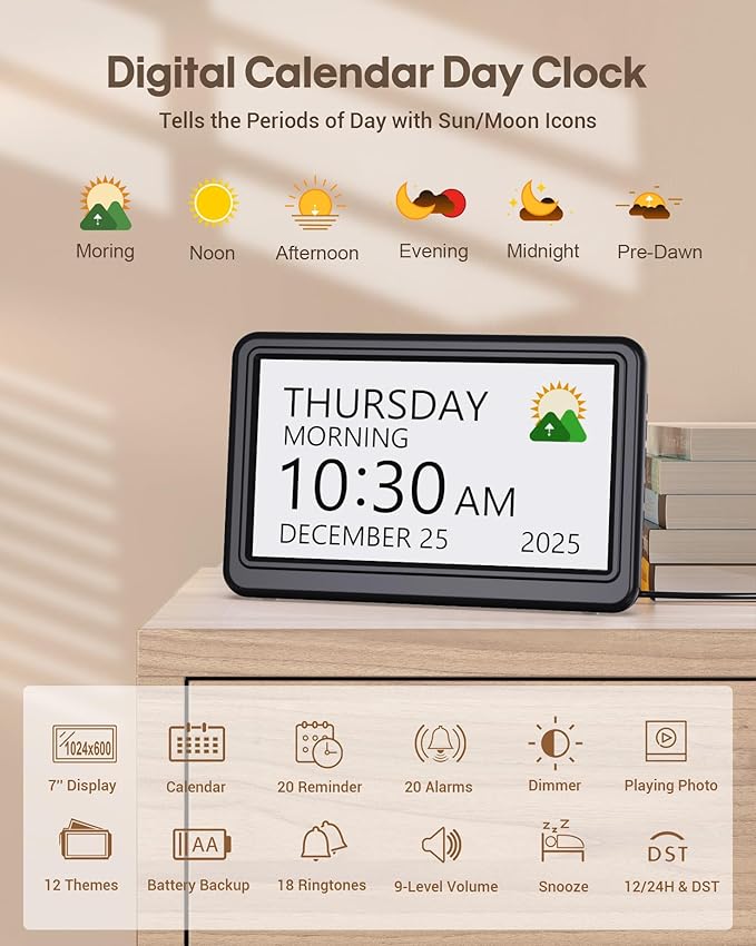 Clock with Day and Date for Elderly, 7" Large Display Digital Calendar Day Clock with 20 Custom Alarms and Medicine Reminders, 12 Display Modes, Dimmable Dementia Alzheimers Clocks for Seniors