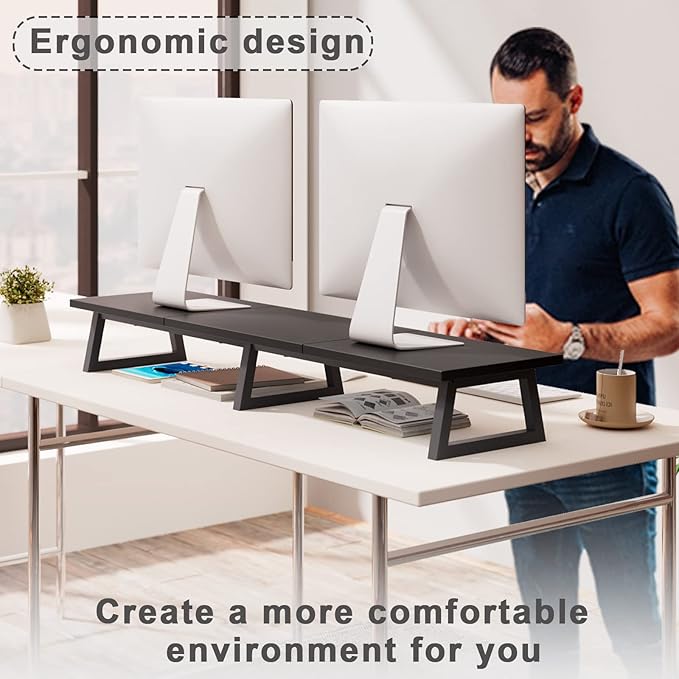 TEAMIX Black 42 inch Dual Monitor Riser,Wood and Steel Long Monitor Stand for 2 Monitors with Storage Large TV Riser Computer Laptop Stand for Desk Office Organization