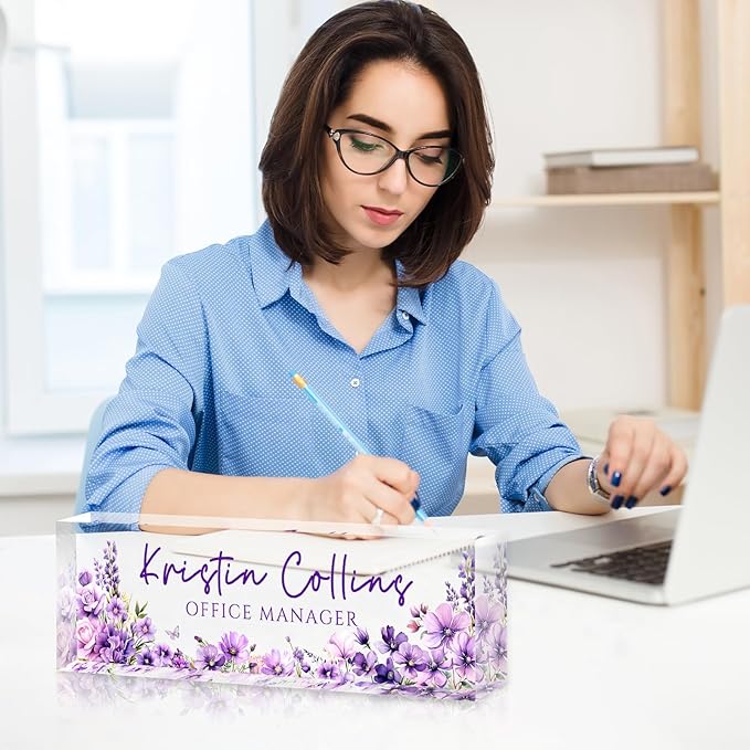 Custom Name Plate for Desk, Personalized Desk Name Plate on Clear Acrylic Glass, Appreciation Gifts for Teacher Employee Boss Coworkers Nurse, Office Desk Accessories for Women Men (Eggplant)