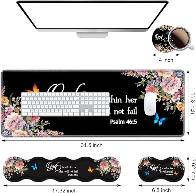Ergonomic Keyboard Wrist Rest & Mouse Pad Wrist Rest Set, Large XXL Gaming Desk Mat 31.5"x 11.8" with Memory Foam, Easy Typing Pain Relief for Office & Home, Floral Quote Bible Verse Psalm 46:5