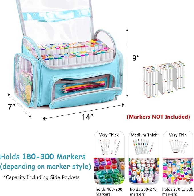 Large Marker Organizer Case Holds 200-300 Markers | Art Marker Storage Bag with Removable Dividers & Clear Top for Artists, Crafters & Travel - Pen, Pencil Alcohol Marker Holder - Art Supply