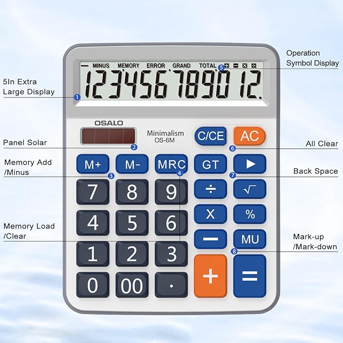 Desktop Calculator Large LCD Display 12 Digit Number Handheld Portable Pocket Basic Calculator with Big Soft Sensitive Button, Battery and Solar Powered, for Office Home School Use(OS-6M)