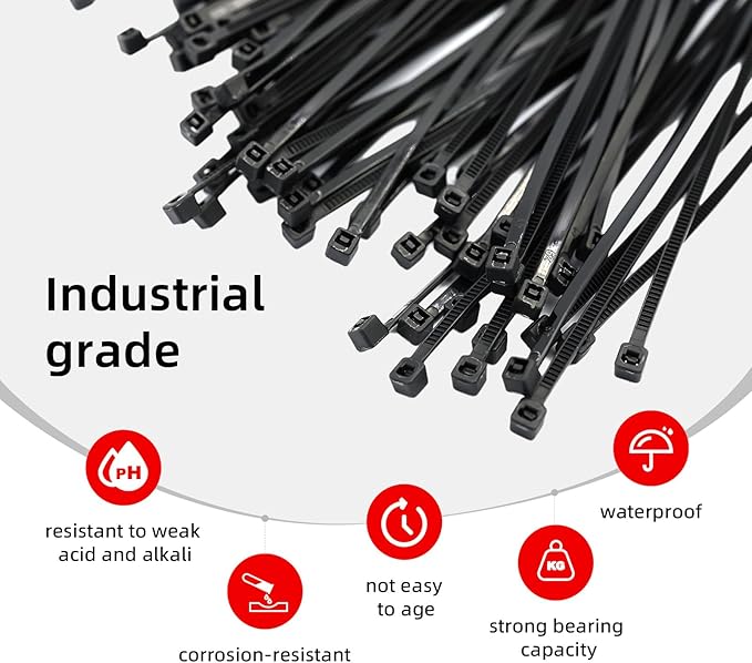 600 Pcs 8 Inch Cable Zip Tie, ORWUDIZ Multifunctional Tie, Nylon 66 Material, Tensile Strength 50 Lbs, Black, Cable Binding Classification, Suitable for Industrial, Outdoor, Home, Office Use